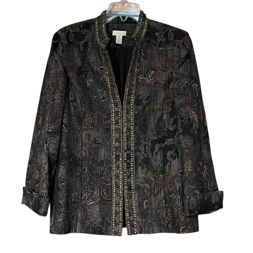 Chico's Womens Size Medium Dressy Brown Black Shimmer Sequin Bead Blazer Jacket